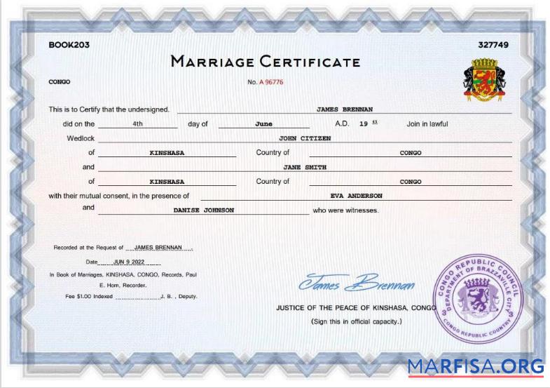 Printable Congo marriage certificate example